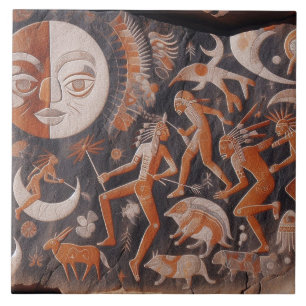 Southwest Petroglyph Design Animals Måne Dancing Kakelplatta
