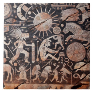 Southwest Petroglyph Design Animals Måne Dancing Kakelplatta