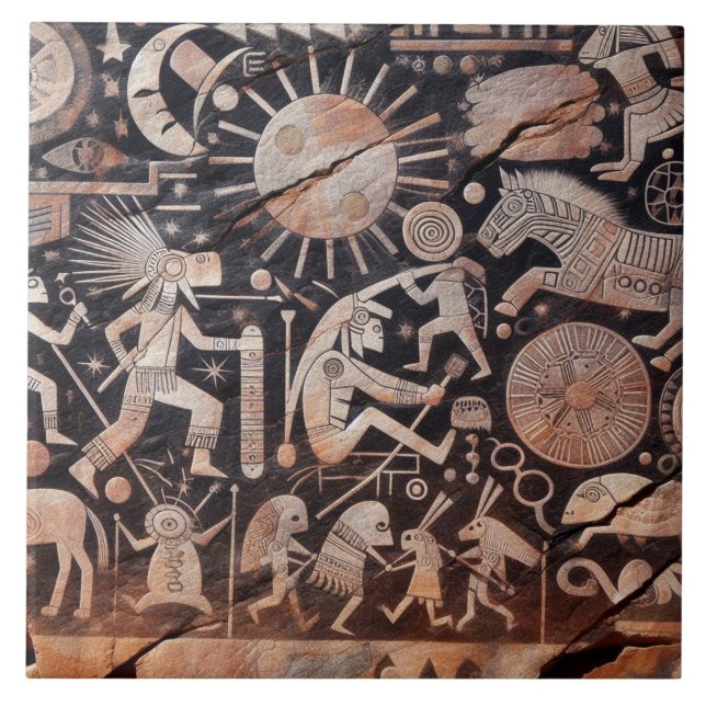 Southwest Petroglyph Design Animals Måne Dancing Kakelplatta (Framsidan)