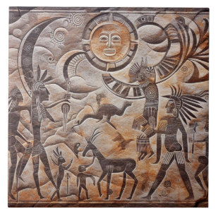 Southwest Petroglyph Design med Sol och Måne Kakelplatta