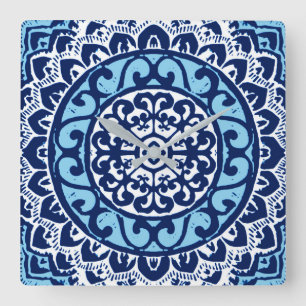 Southwest Sol Mandala Batik, Navy Blue & White Fyrkantig Klocka