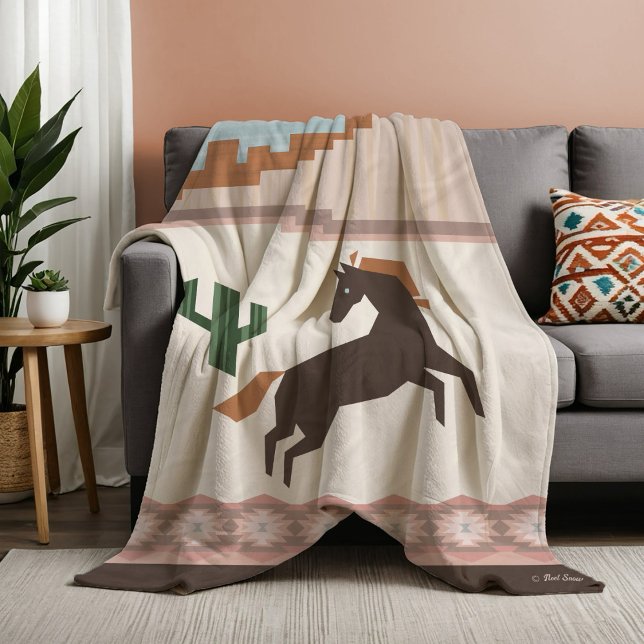 Southwest Vild Brown Horse & Cactus Fleecefilt (Skapare uppladdad)