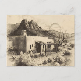 Southwestern Adobe House with Desert Landscape  Vykort