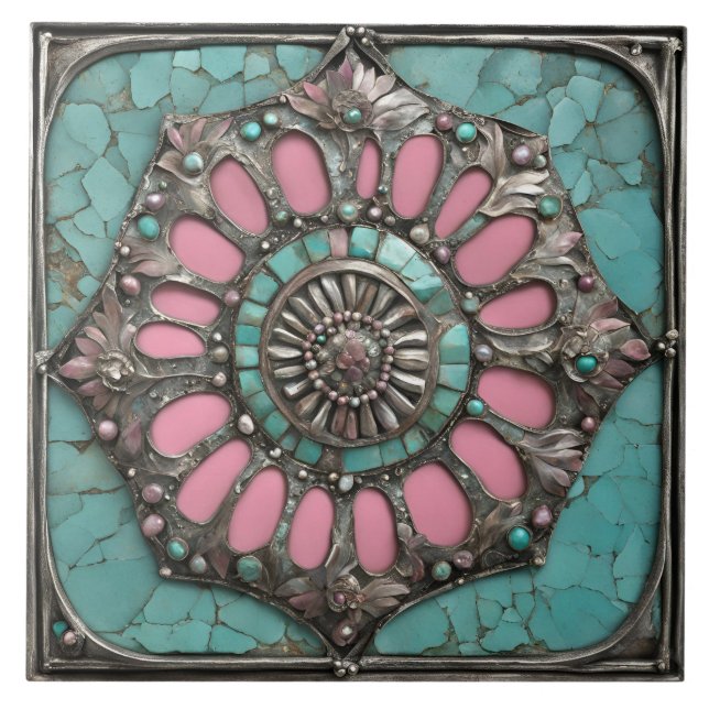 Southwestern Floral Gemstone Medallion Design Kakelplatta (Framsidan)