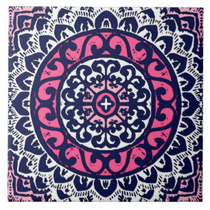 Southwestern solMandala, Fuchsia, marin & vit Kakelplatta