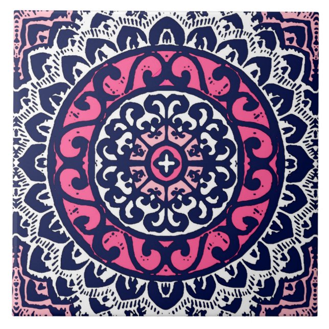 Southwestern solMandala, Fuchsia, marin & vit Kakelplatta (Framsidan)
