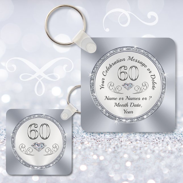 Souvenir Ideas för 60-årsdagen, 60-årsdagen Nyckelring (60th birthday party favors. Cheap 60th birthday gifts for guests. Diamond birthday favors. )