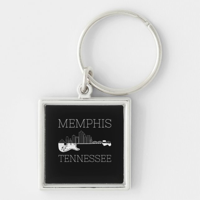 Souvenir Memphis Guitar Music Tennessee Memphis Fyrkantig Silverfärgad Nyckelring (Framsidan)