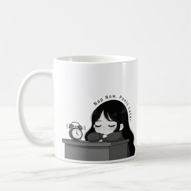 Sov Nu Panik Sen Relaterbar Chibi Flickillustratio Kaffemugg (Vänster)