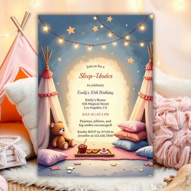 Sov under Mysigt inhägnad inomhus Party-födelsedag Inbjudningar (Sleep Under Cute Birthday For Girls Cozy Indoor Party Watercolor Birthday Invitation)