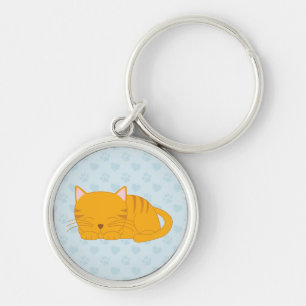Sova den orange tabby katt rund silverfärgad nyckelring