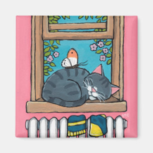 Sova tabby katt med fjärilen på fönsterSill Magnet
