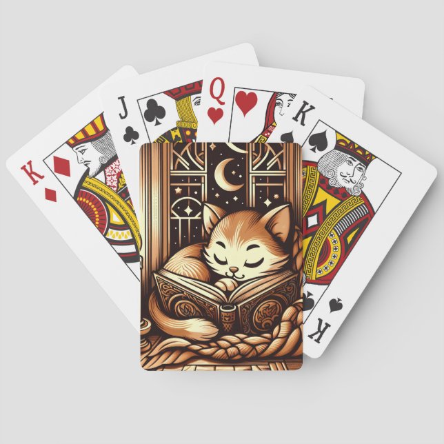 Sovande Art Deco-stil katt med en bok Casinokort (Baksidan)