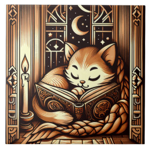 Sovande Art Deco Stil Katt Med En Bok Kakelplatta