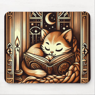 Sovande Art Deco-stil katt med en bok Musmatta
