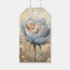 Sovande baby i blå blomma med maskrosor presentetikett