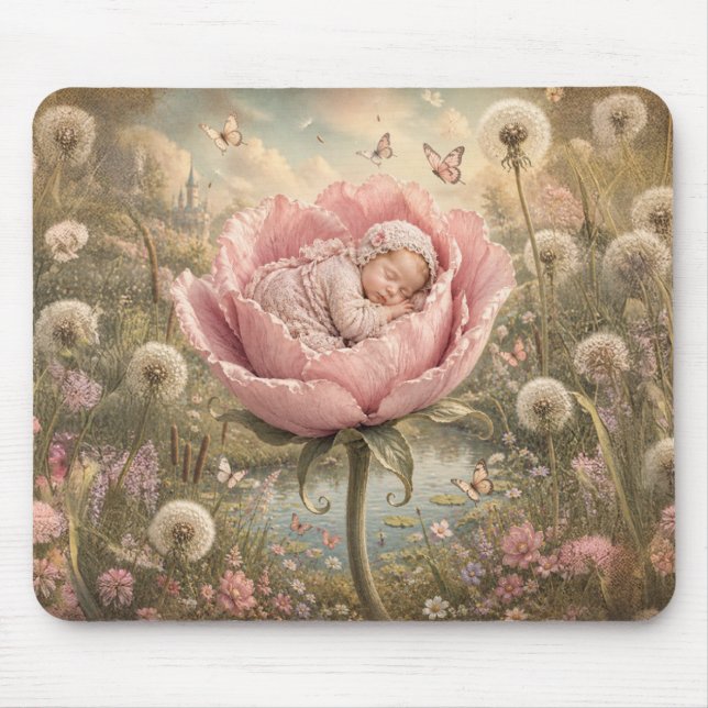 Sovande baby i rosa blomma  musmatta (Framsidan)