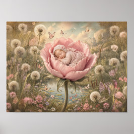 Sovande baby i rosa blomma poster