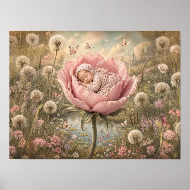 Sovande baby i rosa blomma  poster (Framsidan)