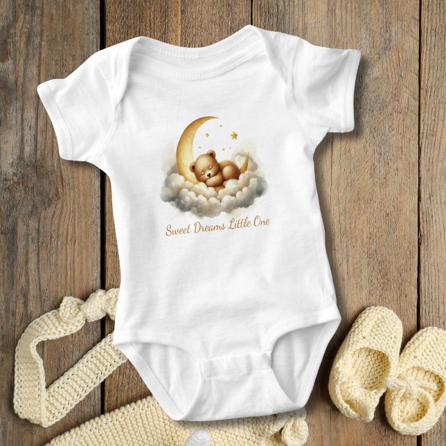 Sovande Babybjörn i månmoln Baby Shower Present T Shirt (Sleeping Baby Bear on Cloud and Crescent moon. Gold White. Baby Shower Gift, Gift for new baby)