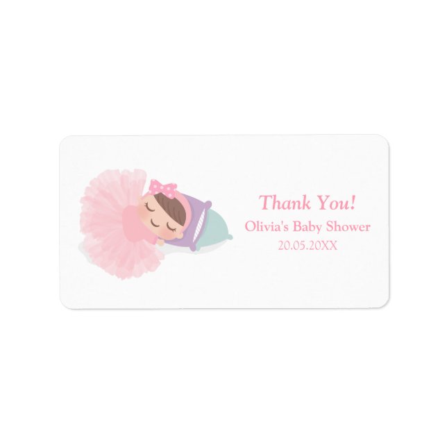 Sovande ballerina tutu babyflicka shower etiketter adressetikett (Framsidan)