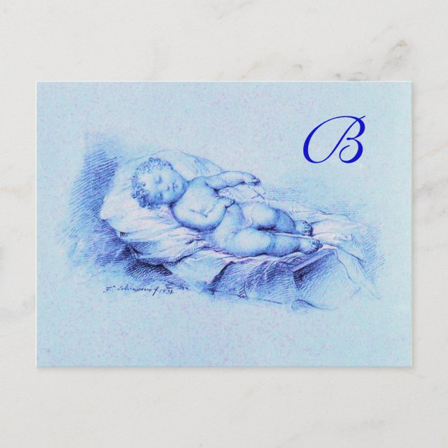 SOVANDE BARN, BLÅ  BEBISBARNKAMMON MONOGRAM INBJUDAN VYKORT (Framsida)
