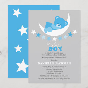 Sovande blå pojke Teddybjörn på månens baby shower Inbjudningar