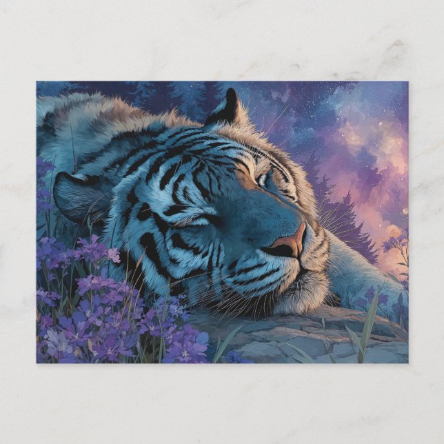Sovande Blå Tiger Under Stjärnrik Galaxisk Himmel Vykort (Framsida)