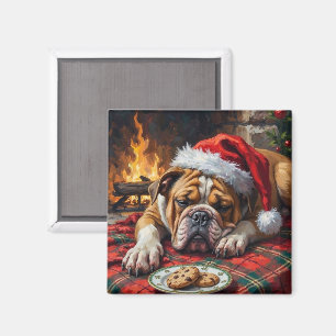 Sovande Bulldog Hund Sover Snabbt Santa Hatt Jul Magnet