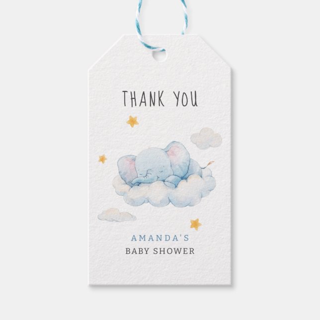 Sovande elefant baby shower, pojke baby shower presentetikett (Framsidan)
