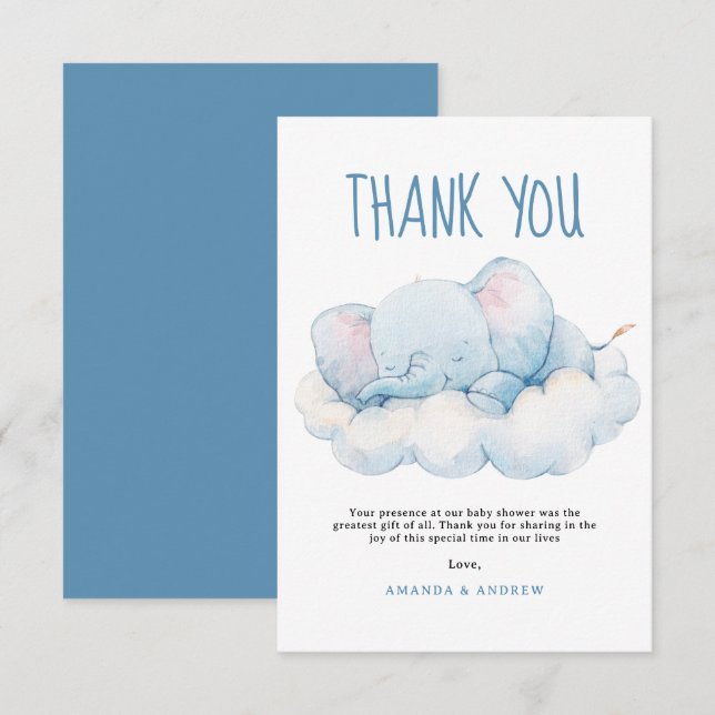 Sovande elefant baby shower, pojke baby shower tack kort (Fram/baksida)