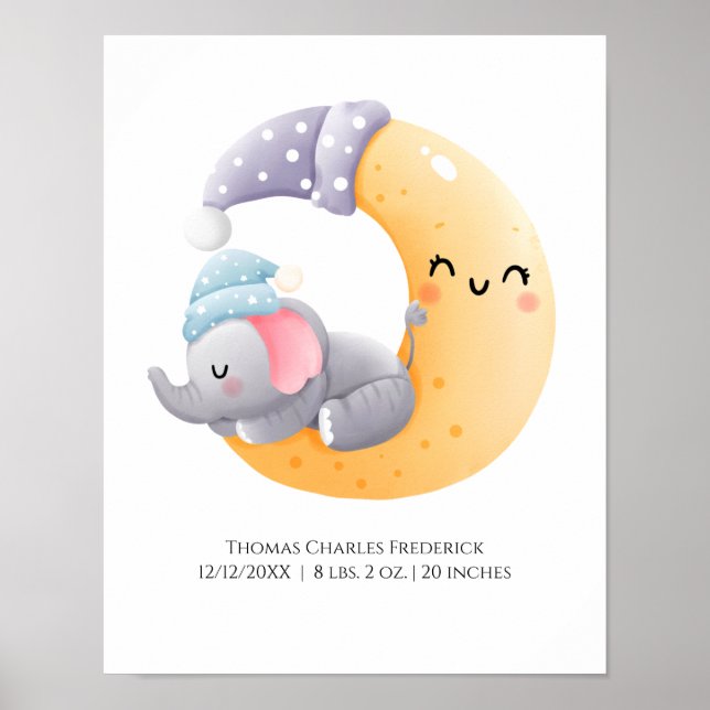 Sovande elefant i månen Personlig födelsestatistik Poster (Framsidan)