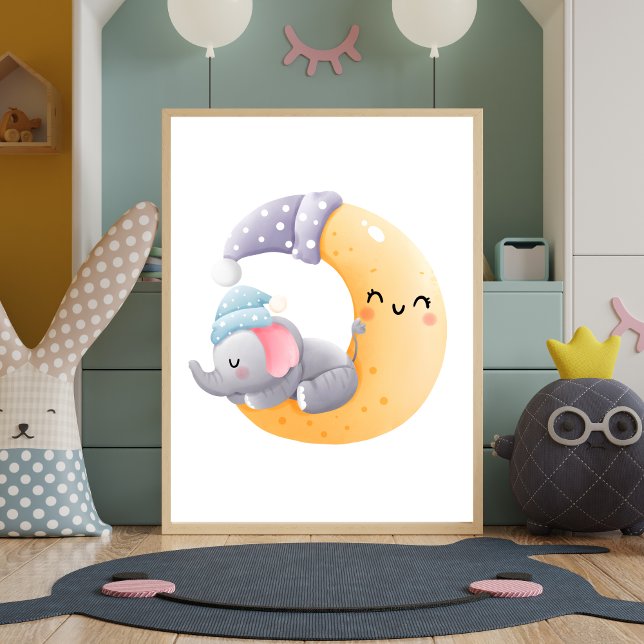 Sovande elefant i månens barnkammardekor poster (Elephant Sleeping in Moon Nursery Wall Art Decor Poster. Baby shower gift, baby gift)