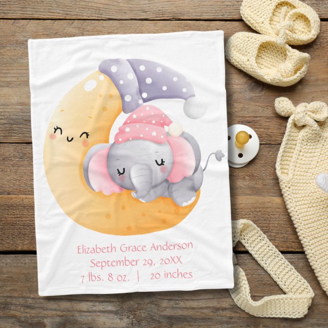 Sovande elefant Rosa flicka Halvmåne Baby Fleecefilt (Pink elephant sleeping crescent moon birth stats baby blanket)