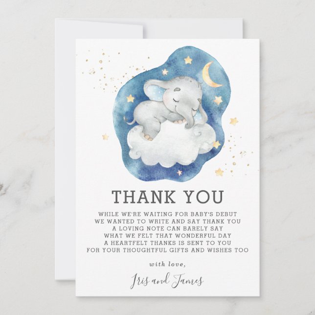 Sovande elefant Twinkle Star Baby Shower Pojke Tack Kort (Framsida)