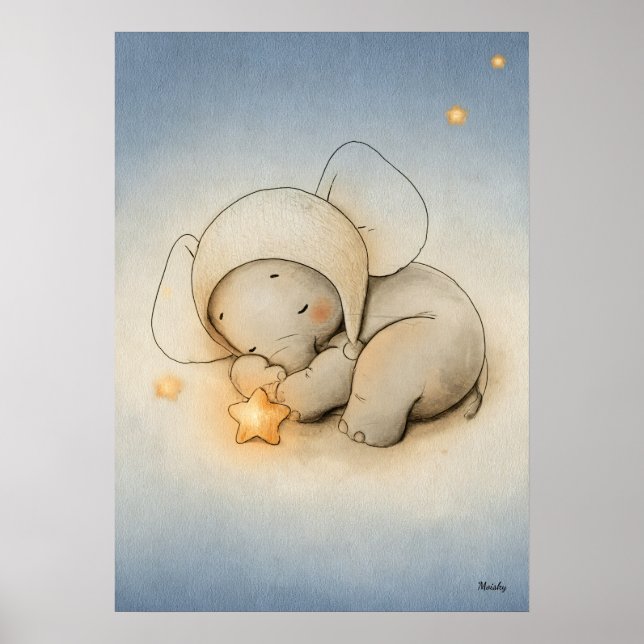 Sovande elefantbarnkammare Babyillustration Poster (Framsidan)