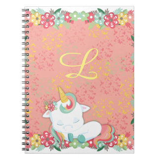 Sovande Enhörning Blommig Monogram Anteckningsbok Med Spiral