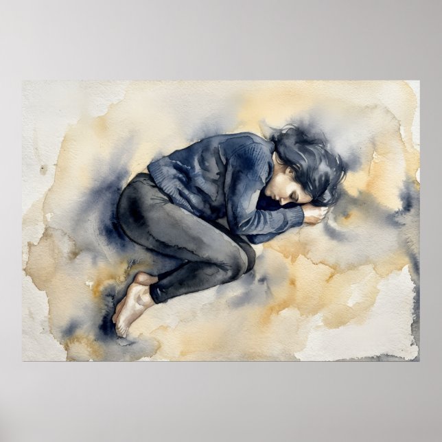Sovande figur Blått akvarellaffisch Poster (Framsidan)