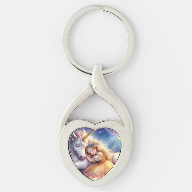 Sovande flicka enhörning drömlandskap twisted heart silverfärgad nyckelring (Framsidan)
