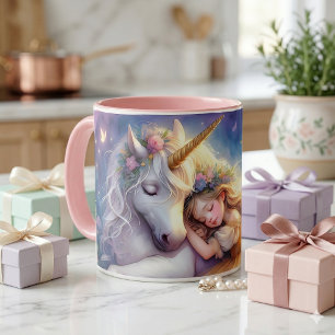 Sovande flicka enhörningsdrömlandskap kaffemugg