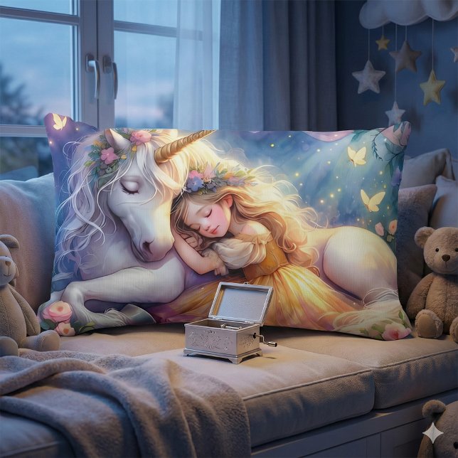 Sovande flicka enhörningsdrömlandskap lumbarkudde (Sleeping Girl Unicorn Dreamscape Lumbar Pillow Mockup A)