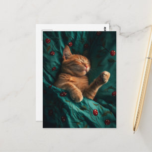 Sovande Ginger Kitty under filtar Vykort