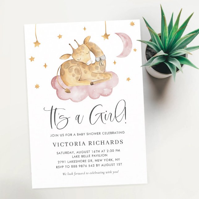 Sovande giraff rosa flicka baby shower inbjudningar (Skapare uppladdad)