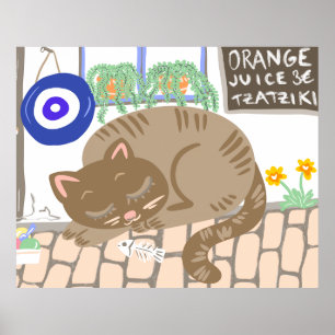 Sovande grekisk taverna katt medelhavsscen poster