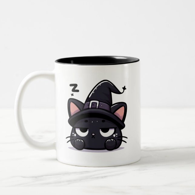 Sovande Häxa Katt Huvud | Halloween Mugg Tvåsidig  (Vänster)