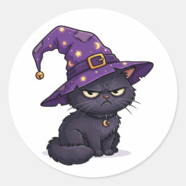 Sovande Häxans Ansikte Grumpy Svart Katt Halloween Runt Klistermärke