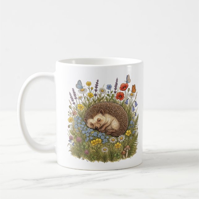 Sovande Igelkott i Vildblomsäng Estetik Kaffemugg (Vänster)