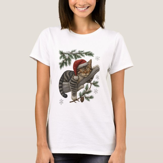Sovande julkattunge på snöig gren T-shirt (Framsida)