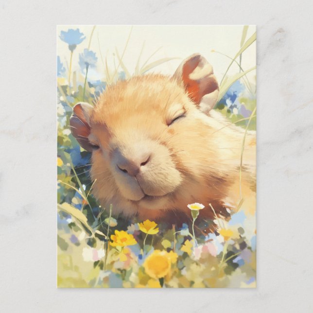 Sovande Kapybara i Äng med Vilda Blommor Vykort (Framsida)