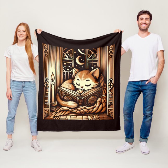 Sovande katt i Art Deco-stil med en bok Fleecefilt (På plats)